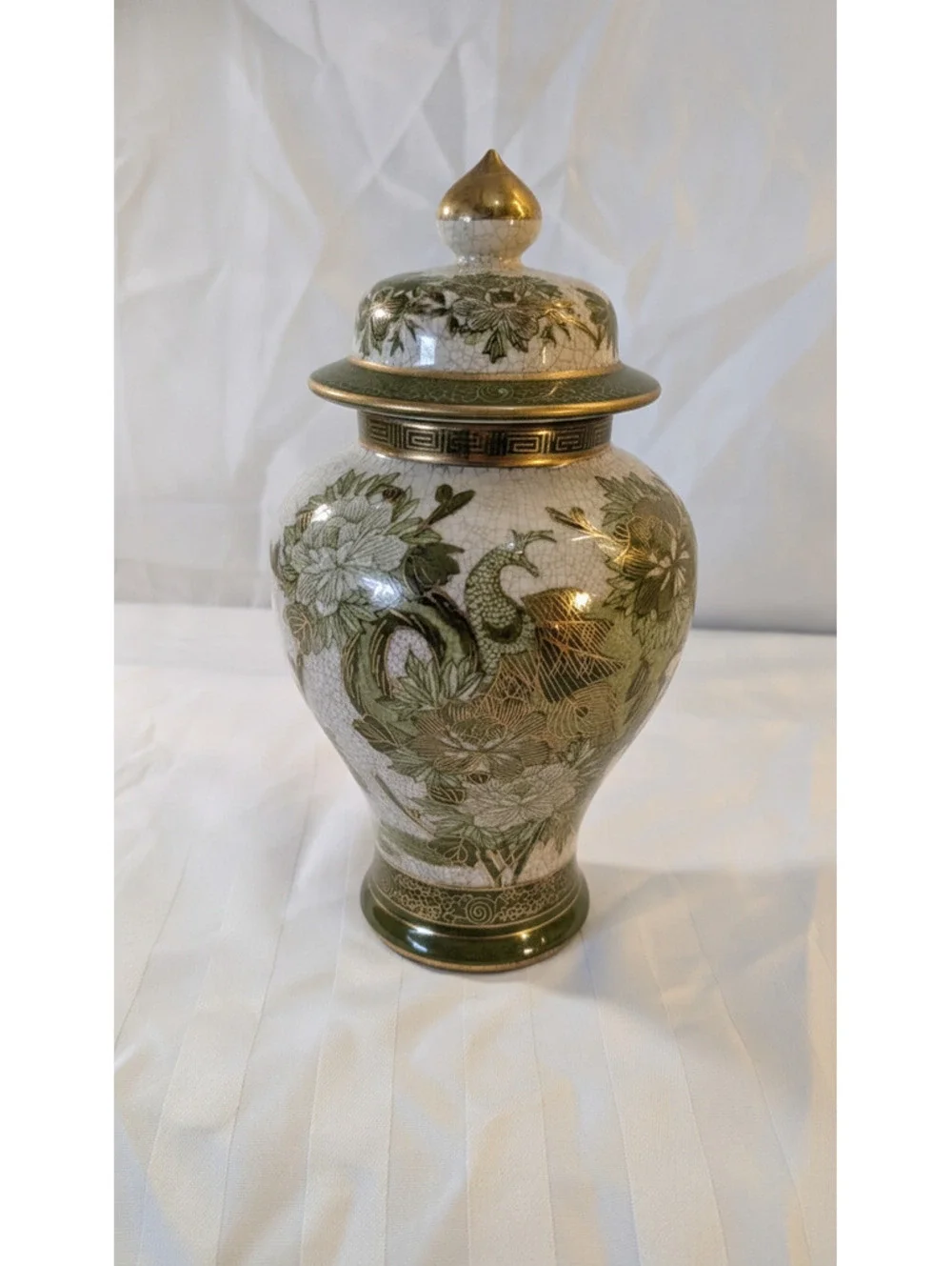 Vintage Japanese Kutani Crackle Glaze Ginger Jar Green Peony Peacock Gold Trim